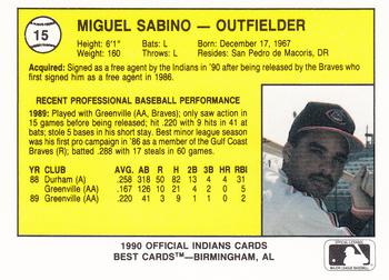 1990 Best Canton-Akron Indians #15 Miguel Sabino  Back