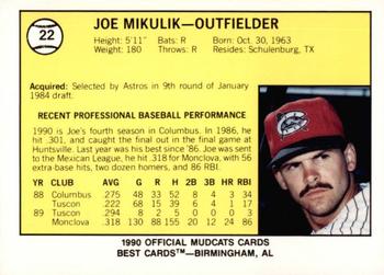 1990 Best Columbus Mudcats #22 Joe Mikulik  Back
