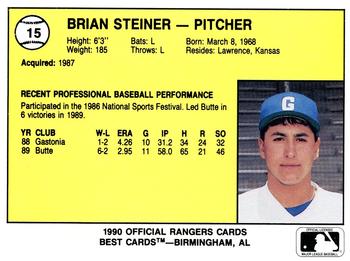 1990 Best Gastonia Rangers #15 Brian Steiner  Back