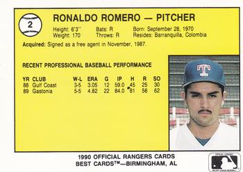 1990 Best Gastonia Rangers #2 Ronaldo Romero  Back