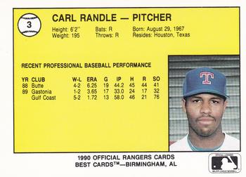 1990 Best Gastonia Rangers #3 Carl Randle  Back