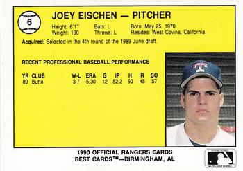 1990 Best Gastonia Rangers #6 Joey Eischen  Back