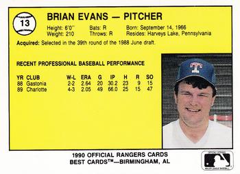 1990 Best Gastonia Rangers #13 Brian Evans  Back
