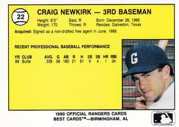 1990 Best Gastonia Rangers #22 Craig Newkirk  Back