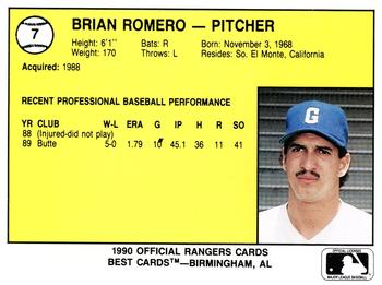1990 Best Gastonia Rangers #7 Brian Romero  Back