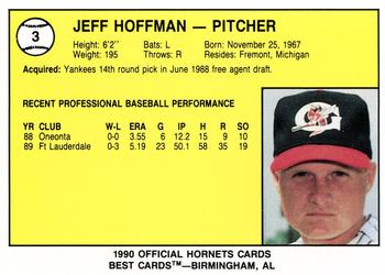 1990 Best Greensboro Hornets #3 Jeff Hoffman  Back