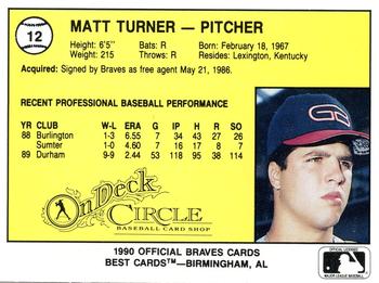 1990 Best Greenville Braves #12 Matt Turner  Back