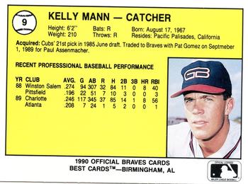 1990 Best Greenville Braves #9 Kelly Mann  Back