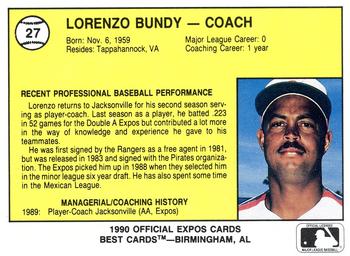 1990 Best Jacksonville Expos #27 Lorenzo Bundy Back