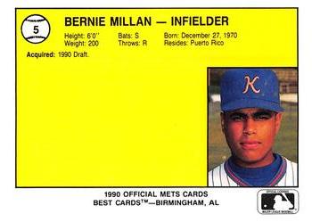 1990 Best Kingsport Mets #5 Bernie Millan  Back