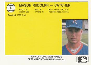 1990 Best Kingsport Mets #6 Mason Rudolph  Back