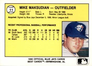 1990 Best Knoxville Blue Jays #11 Mike Maksudian  Back