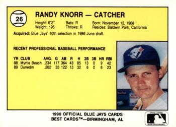 1990 Best Knoxville Blue Jays #26 Randy Knorr  Back