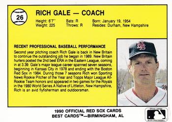 1990 Best New Britain Red Sox #26 Rich Gale Back