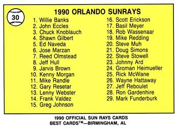1990 Best Orlando Sun Rays #30 Checklist  Back