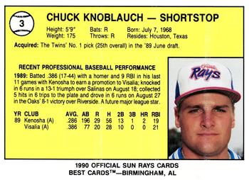 1990 Best Orlando Sun Rays #3 Chuck Knoblauch  Back