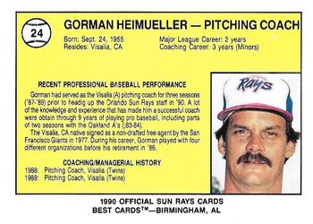 1990 Best Orlando Sun Rays #24 Gorman Heimueller Back
