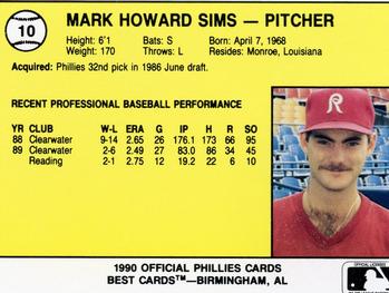 1990 Best Reading Phillies #10 Mark Sims  Back