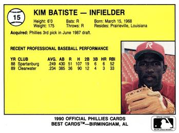 1990 Best Reading Phillies #15 Kim Batiste  Back