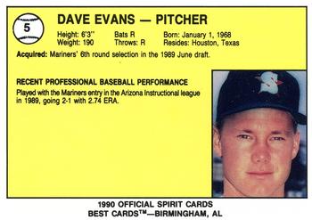 1990 Best San Bernardino Spirit #5 Dave Evans  Back