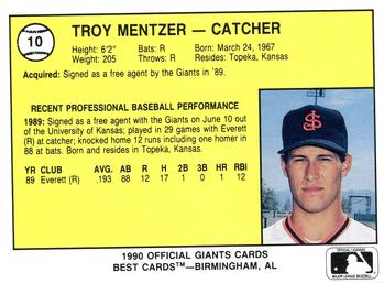 1990 Best San Jose Giants #10 Troy Mentzer  Back