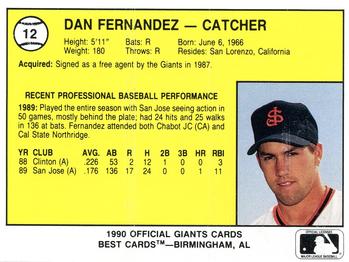 1990 Best San Jose Giants #12 Dan Fernandez  Back