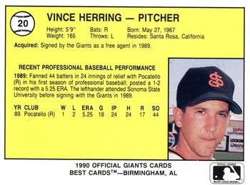 1990 Best San Jose Giants #20 Vince Herring  Back