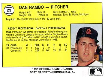 1990 Best San Jose Giants #23 Dan Rambo  Back