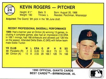 1990 Best San Jose Giants #24 Kevin Rogers  Back