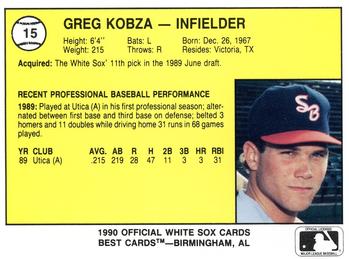 1990 Best South Bend White Sox #15 Greg Kobza  Back