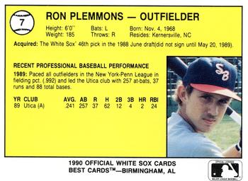 1990 Best South Bend White Sox #7 Ron Plemmons  Back