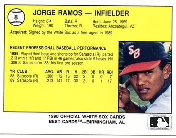 1990 Best South Bend White Sox #8 Jorge Ramos  Back