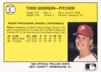 1990 Best Spartanburg Phillies #5 Todd Goergen  Back