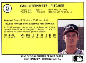 1990 Best Sumter Braves #22 Earl Steinmetz  Back