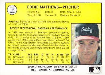 1990 Best Sumter Braves #12 Eddie Mathews  Back