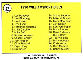 1990 Best Williamsport Bills #27 Checklist  Back