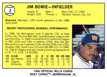1990 Best Williamsport Bills #3 Jim Bowie  Back