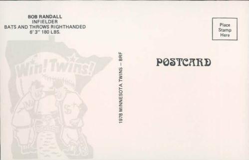 1978 Minnesota Twins Postcards #NNO Bob Randall Back