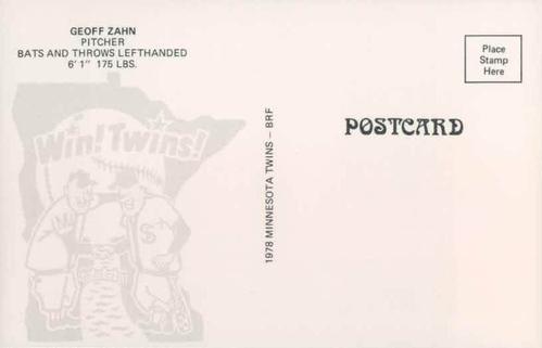 1978 Minnesota Twins Postcards #NNO Geoff Zahn Back