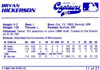 1990 Star Shreveport Captains #11 Bryan Hickerson Back