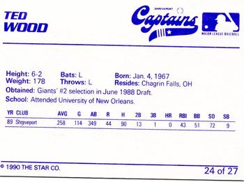 1990 Star Shreveport Captains #24 Ted Wood Back