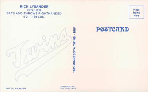 1985 Minnesota Twins Postcards #NNO Rick Lysander Back