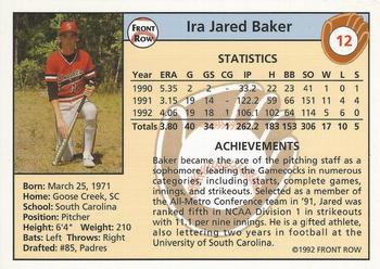 1992 Front Row Draft Picks #12 Jared Baker Back