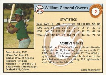 1992 Front Row Draft Picks #2 Billy Owens Back
