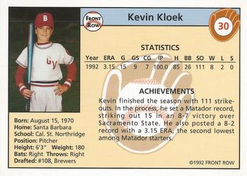 1992 Front Row Draft Picks #30 Kevin Kloek Back