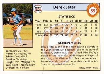 1992 Front Row Draft Picks #55 Derek Jeter Back