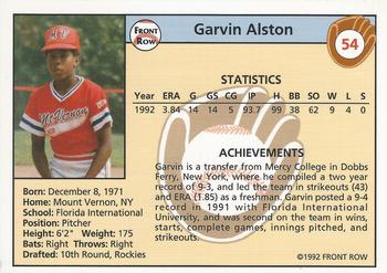 1992 Front Row Draft Picks #54 Garvin Alston Back