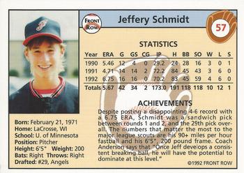 1992 Front Row Draft Picks #57 Jeff Schmidt Back