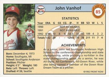 1992 Front Row Draft Picks #85 John Vanhof Back