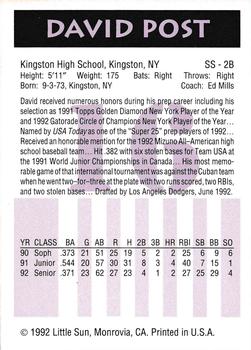 1992 Little Sun High School Prospects #16 David Post Back